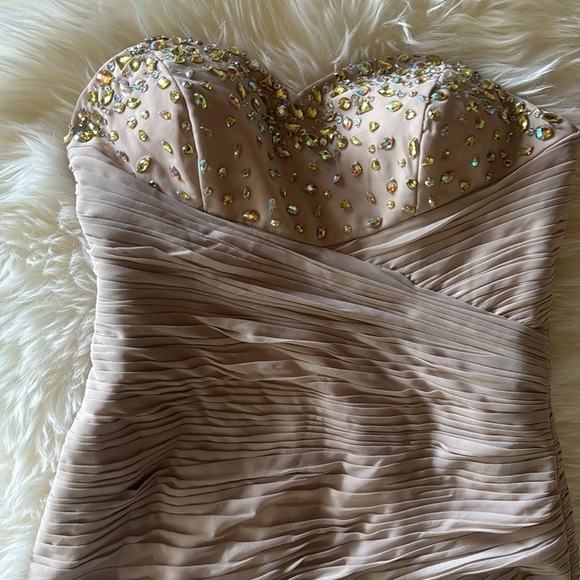 Nude Beige cocktail formal dress strapless mini bodycon jeweled pleated florette - Picture 3 of 11